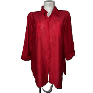 CHICO'S L (2) Red Milania Button-Down Rayon Nylon Roll Tab Slv Semi Sheer Shirt